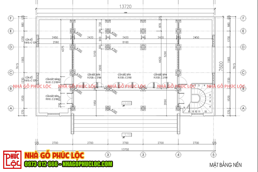 Mặt bằng bố trí cột trong căn nhà gỗ 